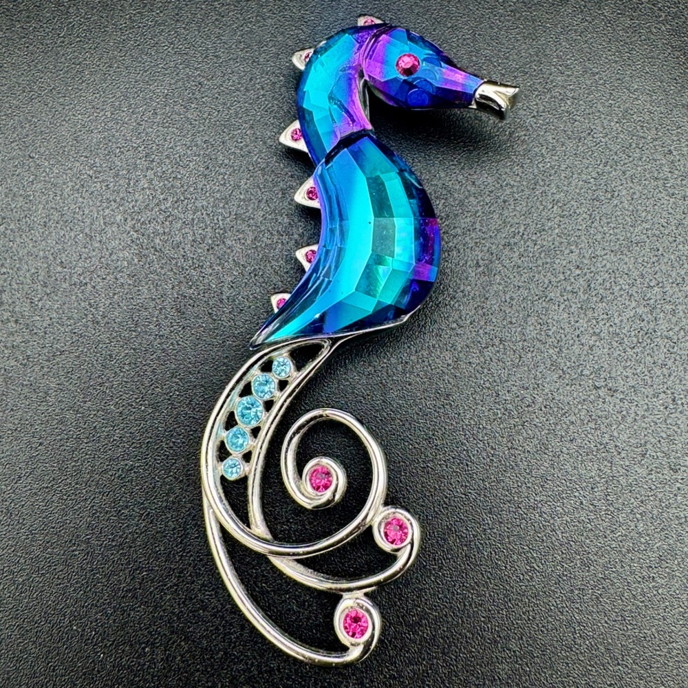 Authentic Swarovski Peacock Blue Crystal Seahorse Mens Brooch 3 in 16g Lapel Pin